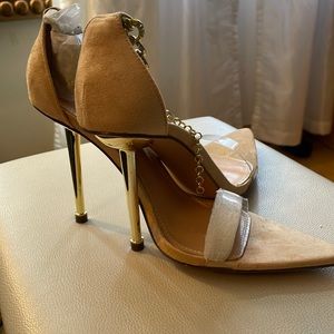Blush and gold rhinestone detail with clear toe strap heels